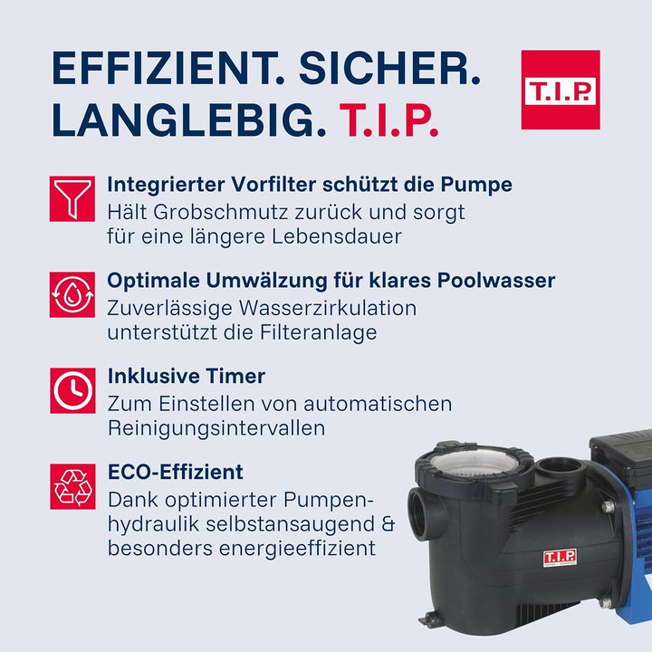 T.I.P. 30443 Poolpumpe Filterpumpe Umwälzpumpe SPP 400 FT mit Timer und Vorfilter (bis 10.000 l/h Fö