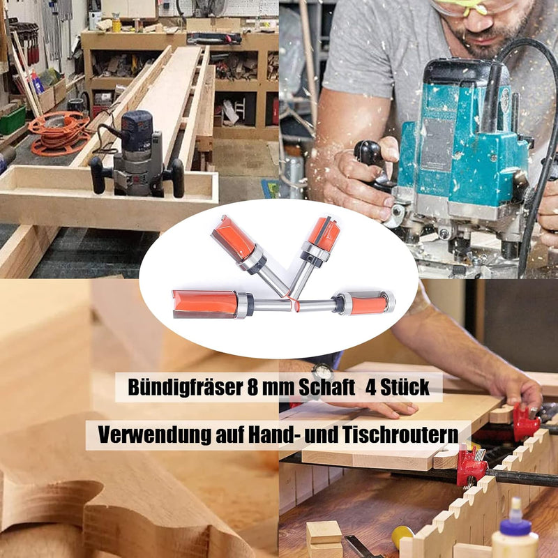AKYLIN Bündigfräser 8 mm Schaft，4 Stück Bündigfräser Kugellager，Kanten Kopierfräser mit Kugellager B