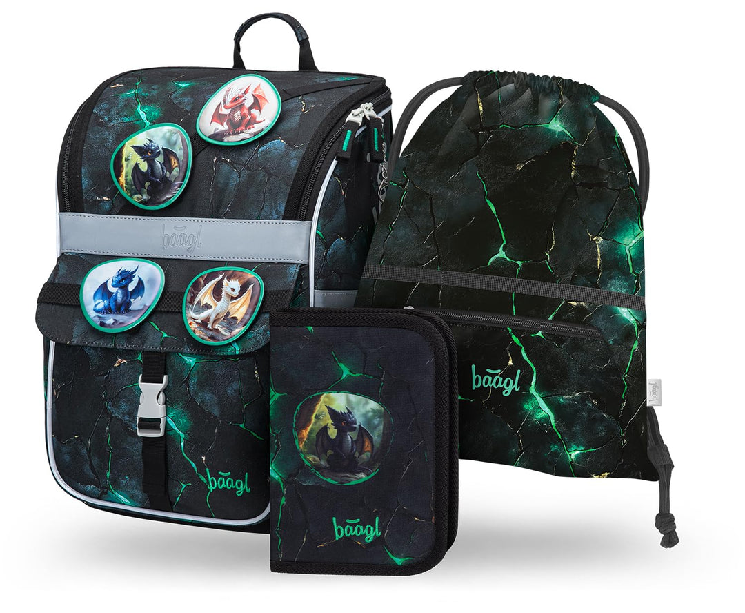 Baagl Schulranzen Jungen Set 3 Teilig (Zippy Schultasche für 1. Klasse, Mäppchen, Turnbeutel), Grund