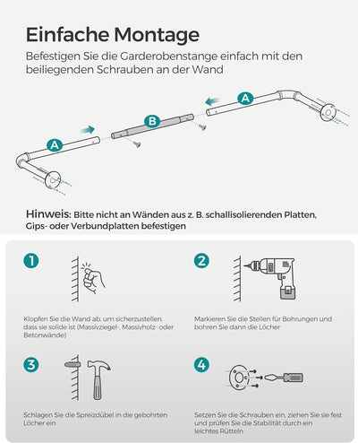 SONGMICS Kleiderständer für die Wand, Kleiderstange im Industrie-Design, 2er Set, Wandmontage, 92 x