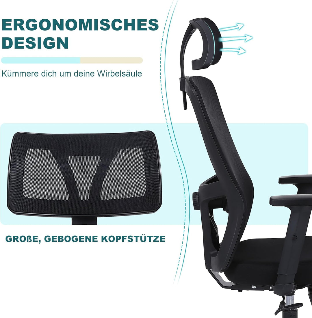 Youhauchair Bürostuhl Ergonomisch, Schreibtischstuhl mit Verstellbarer Kopfstütze und Armlehnen, Off