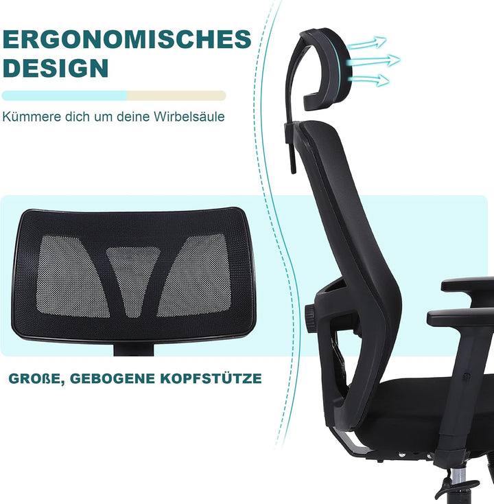Youhauchair Bürostuhl Ergonomisch, Schreibtischstuhl mit Verstellbarer Kopfstütze und Armlehnen, Off
