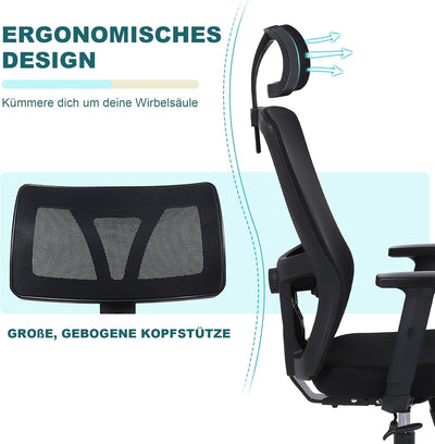Youhauchair Bürostuhl Ergonomisch, Schreibtischstuhl mit Verstellbarer Kopfstütze und Armlehnen, Off