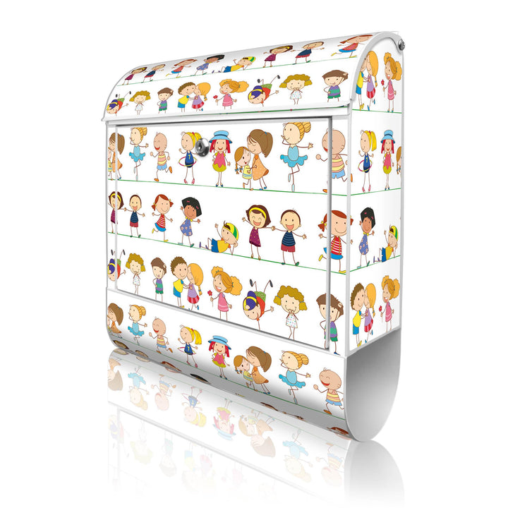 banjado® Design Briefkasten mit Motiv Kinder 39x47x14cm &amp; 2 Schlüssel - Briefkasten Stahl weiss mit