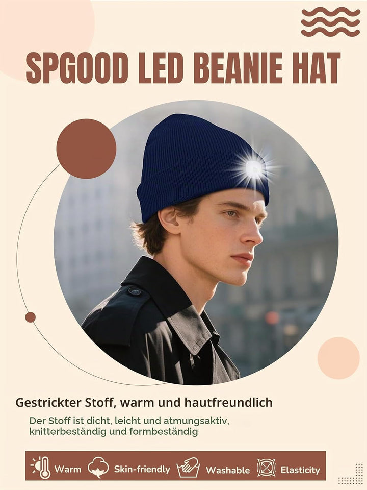 SPGOOD LED Beanie Beleuchtete Mütze mit Licht,Wiederaufladbare USB Winter Warm LED Mütze mit Licht,L