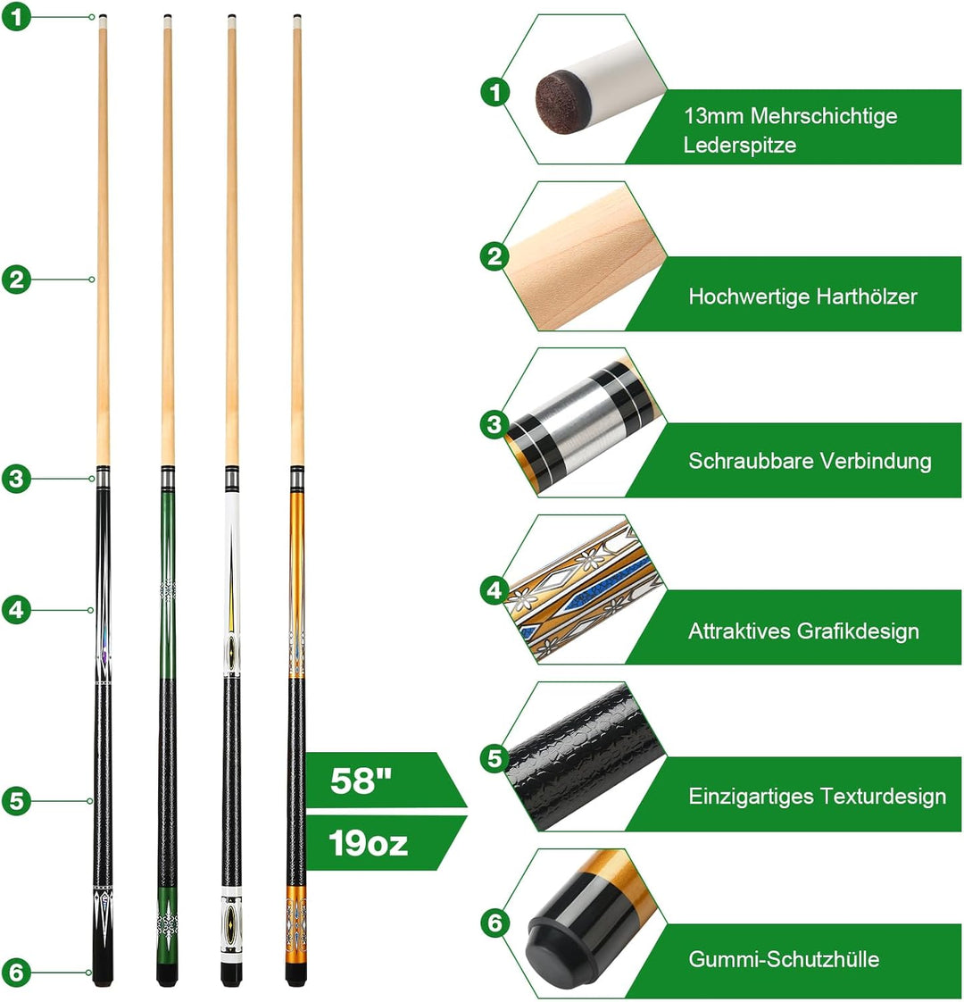 ASMPCUE Pool Queue, 58 Zoll Billard Queue Hardwood Pool Cue 13mm Spitzen für Professionelle Billards