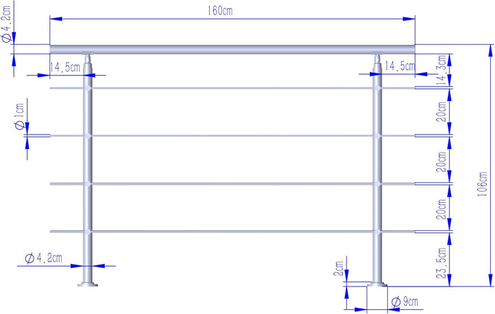 CAVATINY Edelstahl Handlauf Geländer für Treppen Brüstung Balkon mit 4 Querstreben - Innen und Ausse