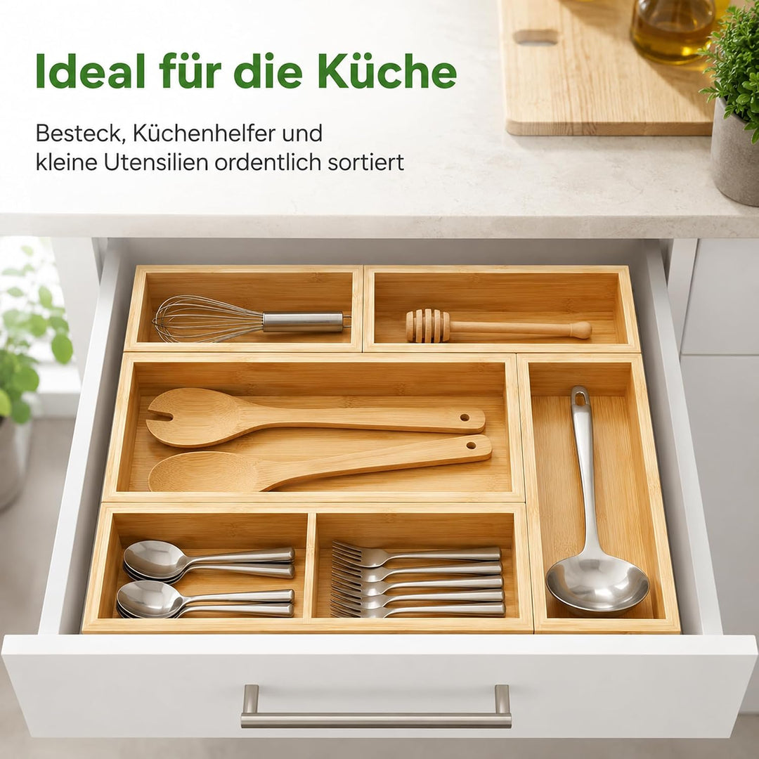 Schubladen Organizer aus Naturbambus 5er Set | Stapelbar, Aufbewahrungsbox Holz, Schreibtisch Organi