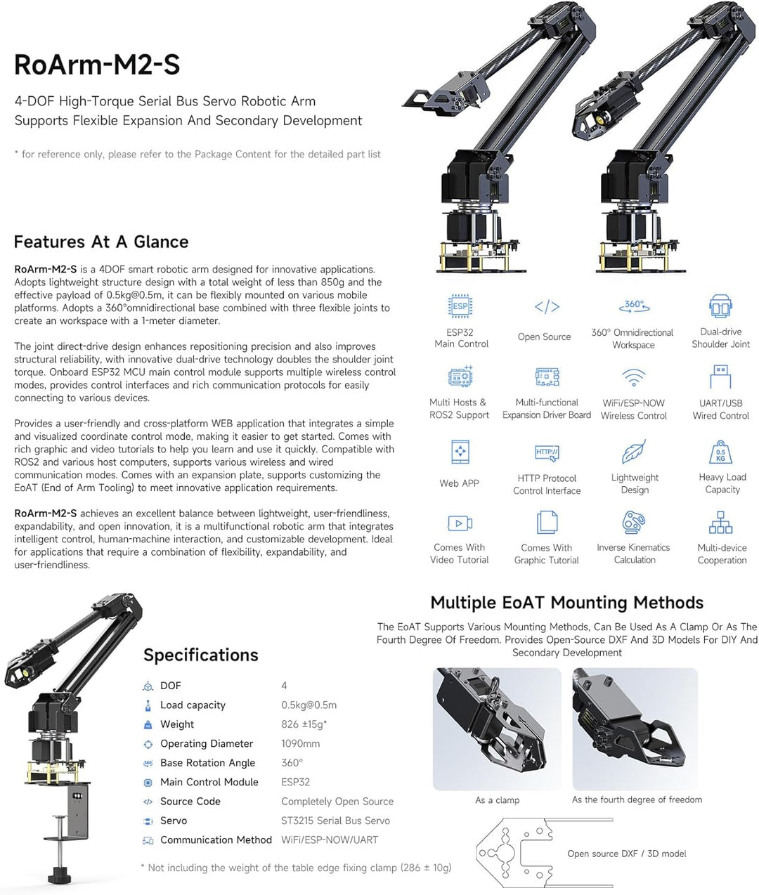 Waveshare Desktop Robotic Arm Kit-Lightweight Strong Load 4-DOF Support Expansion & 2nd Development