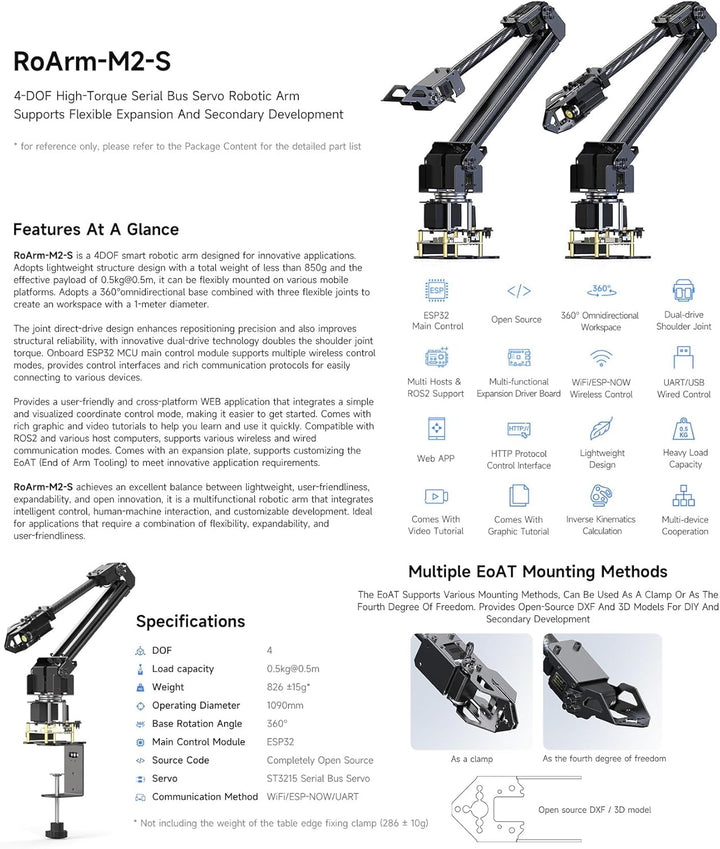 Waveshare Desktop Robotic Arm Kit-Lightweight Strong Load 4-DOF Support Expansion & 2nd Development