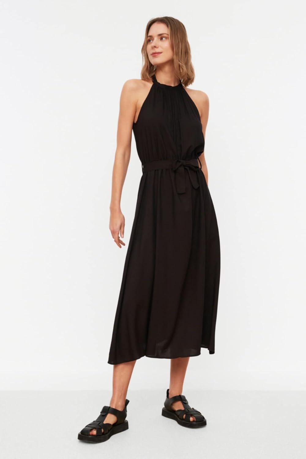 TRENDYOL Frau Midi A-Linie Regular Fit Webstoff Kleid 42 Schwarz, 42 Schwarz
