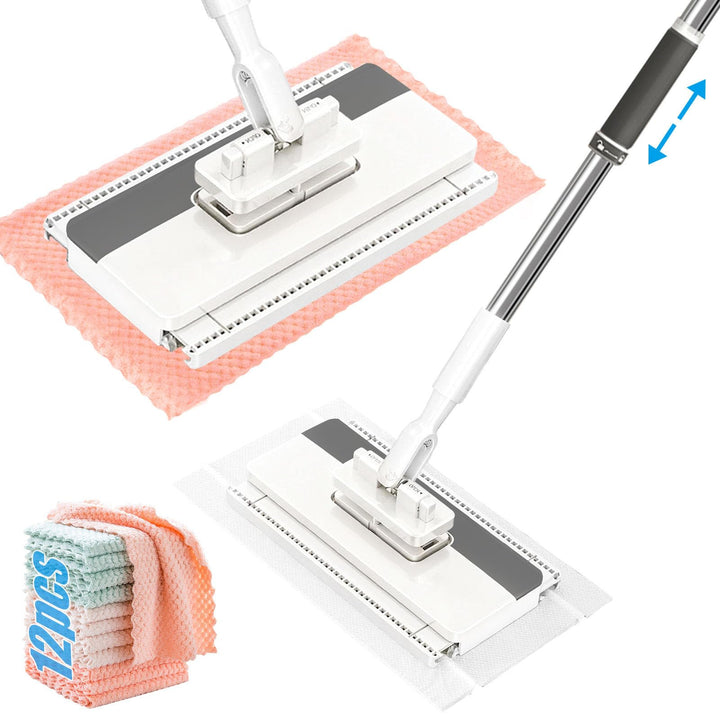 Wischmopp mit Druck-klemm-System,Zero Touch mini mop– 12 Wiederverwendbare Tücher, Tuchwechsel ohne
