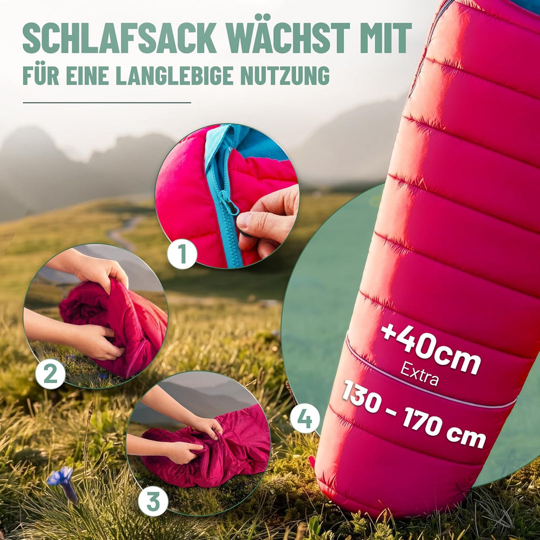 ALPENWERT® Kinderschlafsack Sommer – wächst mit! [130–170cm] – Nur 920g, Kompakt [32×19cm] – Perfekt
