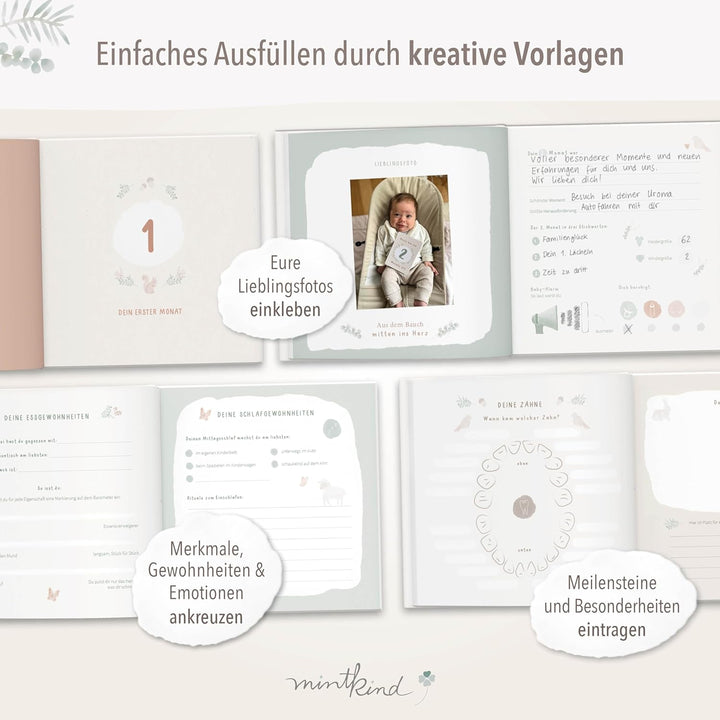 mintkind® Babyalbum "Mein erstes Lebensjahr" Wald + Sticker Set | Baby Fotoalbum zum Selbstgestalten