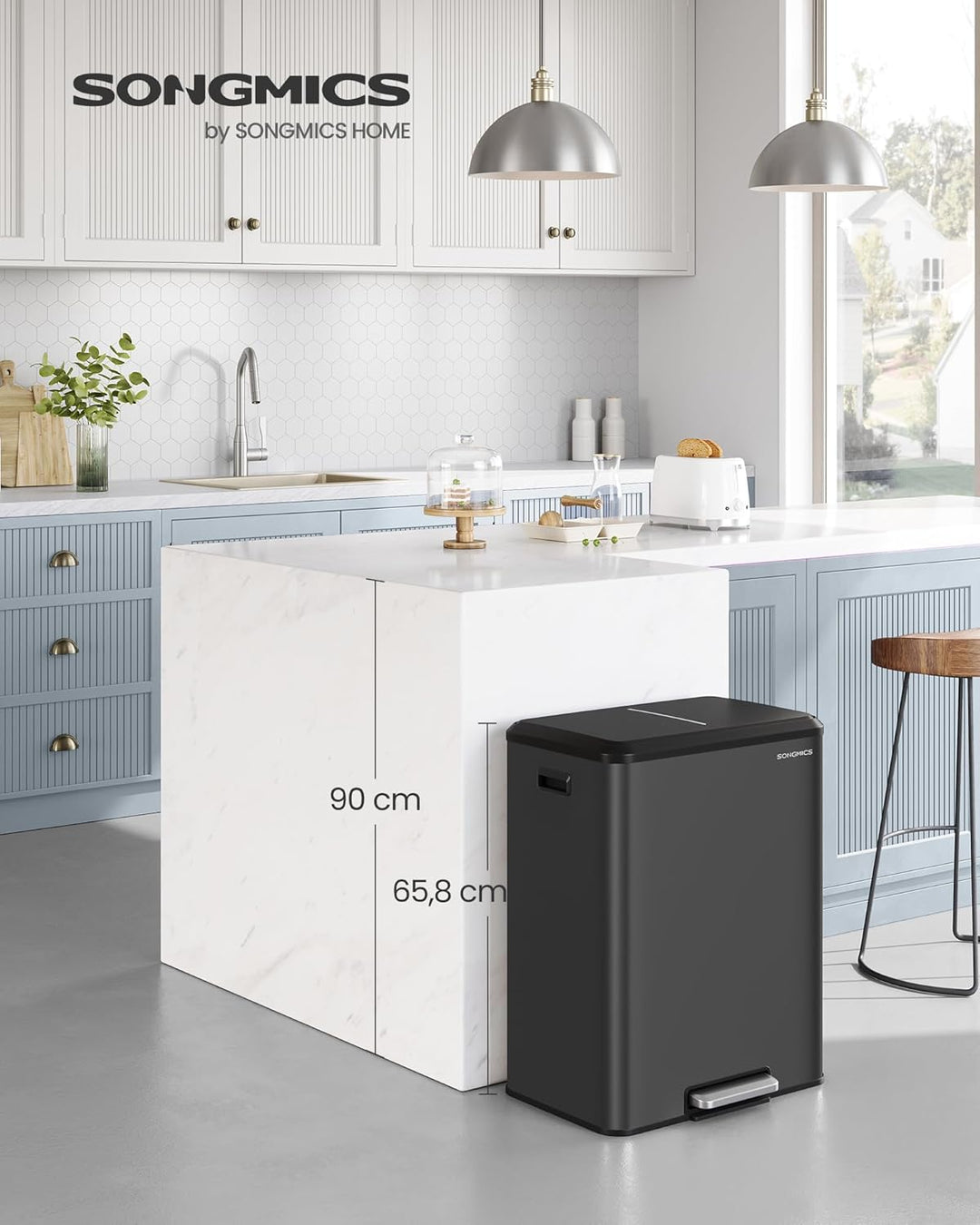 SONGMICS Mülleimer Küche, Mülltrennsystem 2 x 30 L, 2 Fächer für Recycling und Restmüll, Abfalleimer