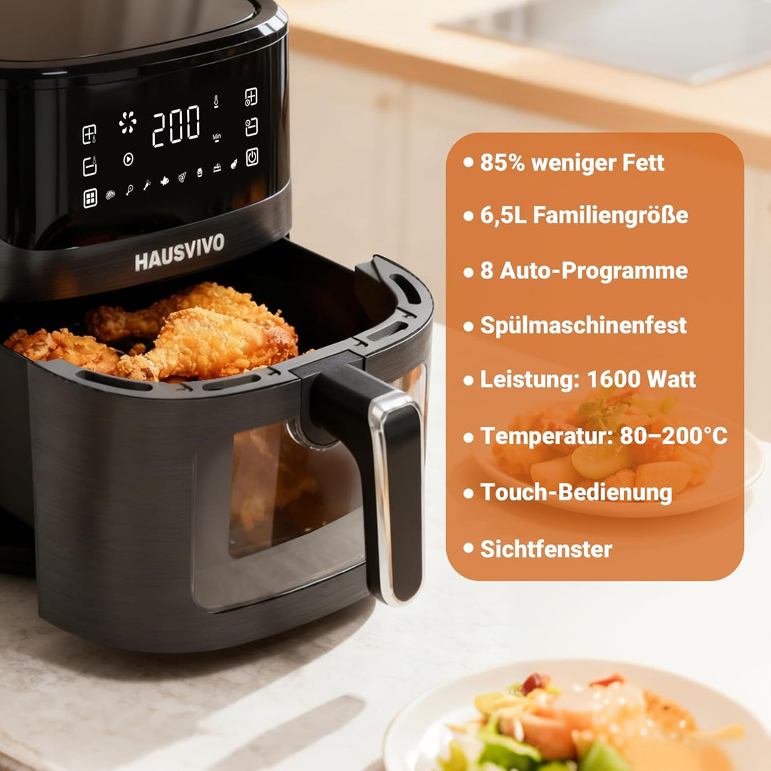 Heissluftfritteuse 6,5L Airfryer XL mit Sichtfenster & Touchscreen, 1600W Fritteuse ohne Fett, 8 Pro