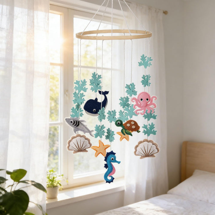 Mobile WaldtiereFilz,Filz Bettglocke,mobile Wickeltisch,Fenster Holz Halterung Meer, Meer