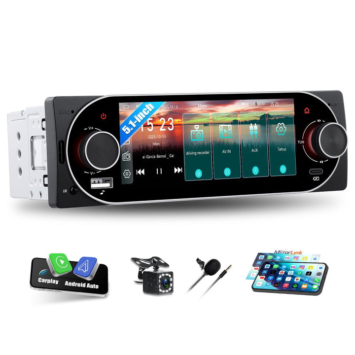 CAMECHO Autoradio 1 Din Wireless Carplay Android Auto Radio Bluetooth 5.2 mit Rückfahrkamera, 5.1 Zo