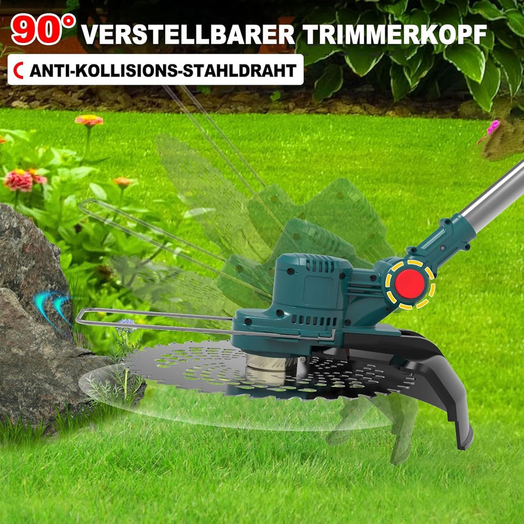 Hengriacly Akku Rasentrimmer mit Akku, Freischneider mit Unkrautbürste Enthält 2 4000mAh Batterien,