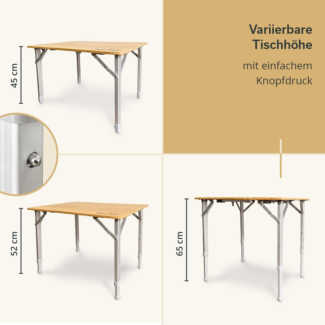 Skandika Bambus Campingtisch Tolja | Faltbarer Tisch mit Netzablage, versch. Grössen, 3-Fach höhenve