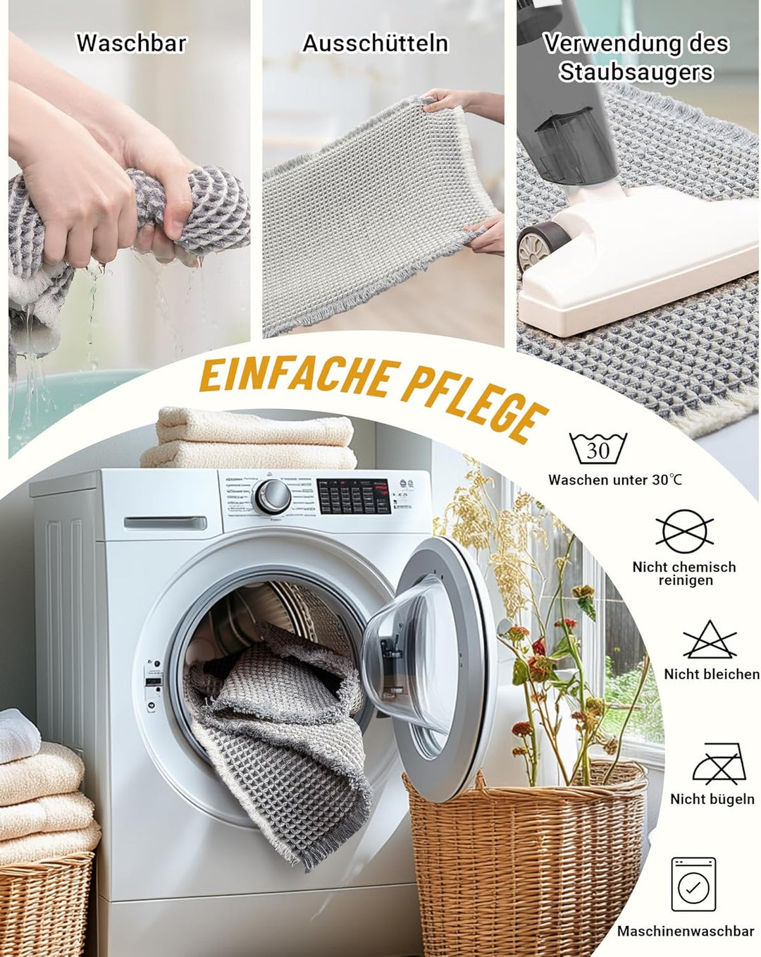 Grosses Badteppich Set, Boho Badematte Grau, Badezimmerteppich Set 2 Teilig, Waschbar Badezimmermatt