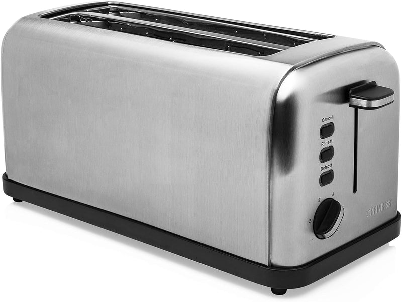 Princess Langschlitz-Edelstahltoaster - 6 einstellbare Bräunungsstufen mit Brötchenaufsatz, herausne