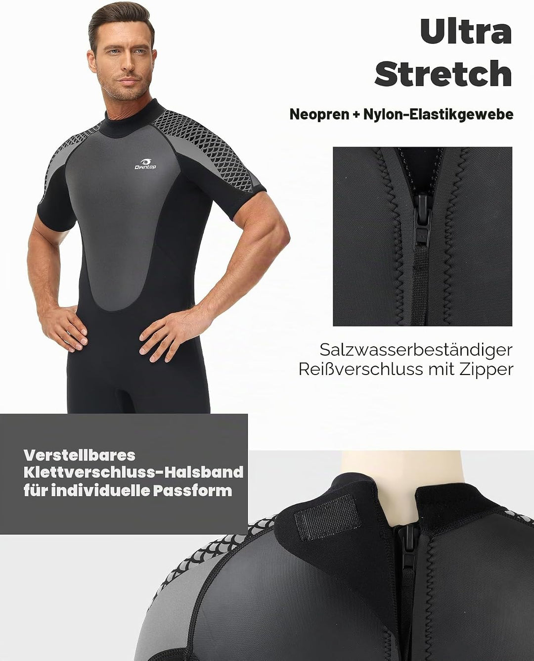 Owntop Neoprenanzug kurz Herren &amp; Damen, 3/2 mm Neopren Wetsuit für Tauchen, Surfen, Schwimmen und K