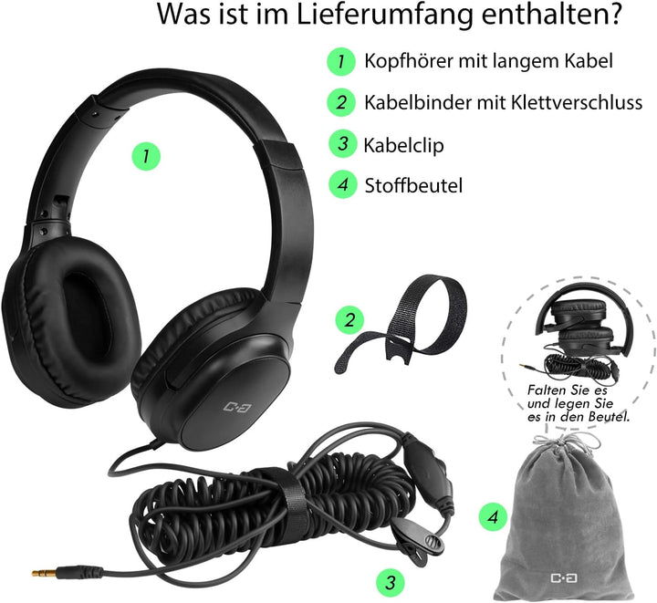 Extra lange Kabel-Kopfhörer für TV und PC mit Lautstärkeregler, 5,5 m Verlängerungsfeder, Spiralkabe