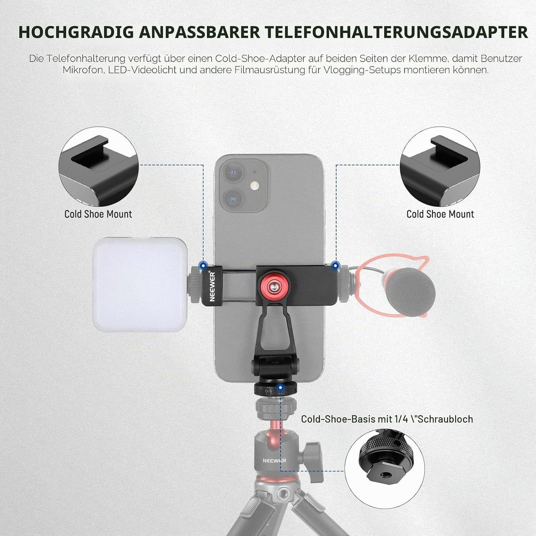 Neewer Metall Handy Stativ Mount Adapter mit Cold Shoe Base,360°Handyhalterung mit 2 Kaltschuh-Halte