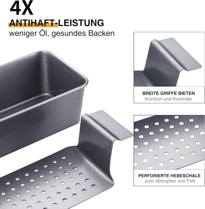 HONGBAKE 2-in-1 Fleischpastetenform mit Ablaufrost, 25 x 13 cm Kastenform aus Karbonstahl, Antihaft