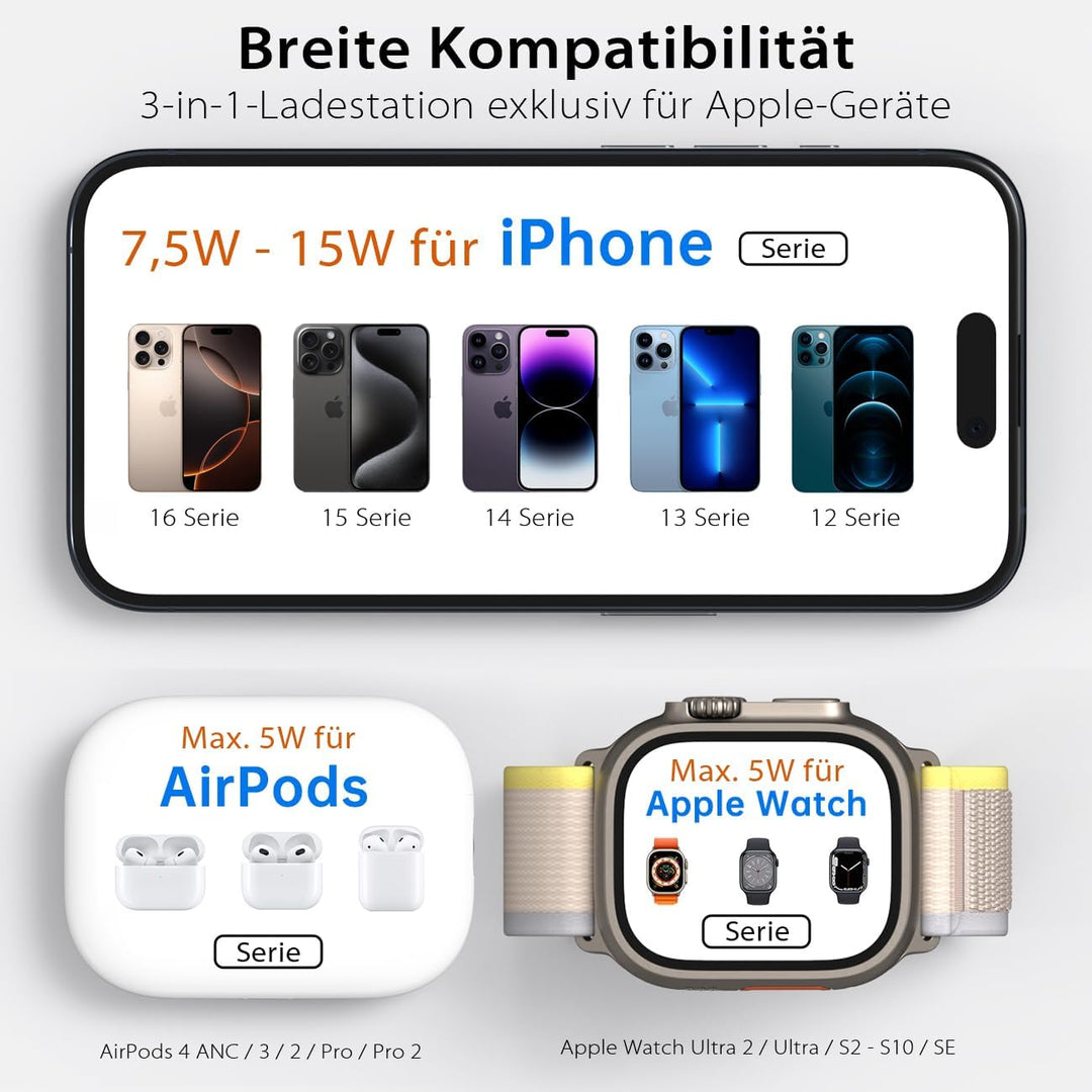 KU XIU X40 Induktive Ladestation 3 in 1 – Magnetisches Kabelloses Ladegerät, Faltbares Reiseladegerä