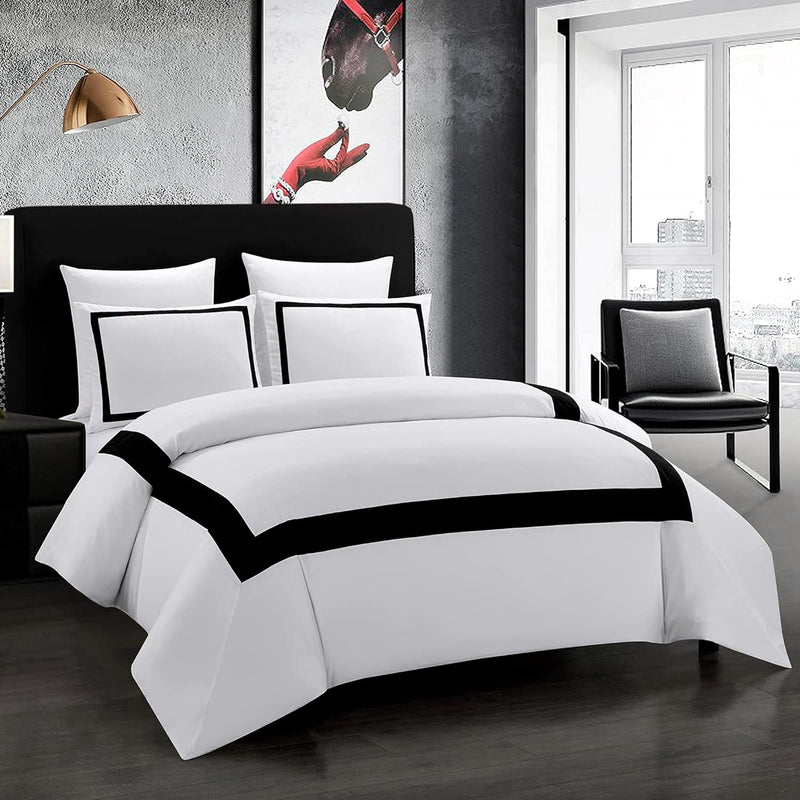 OSVINO Bettwäsche 200x200 cm mit 2 Kissenbezug 50x75 cm Weiss und Schwarz Hotel Bettwäsche Streifenr