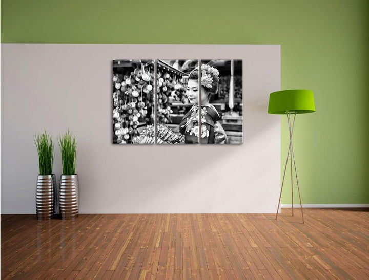 Pixxprint Anmutige Geisha mit Fächer als Leinwandbild | Grösse: 3 Teilig (120x80) | Wandbild| Kunstd