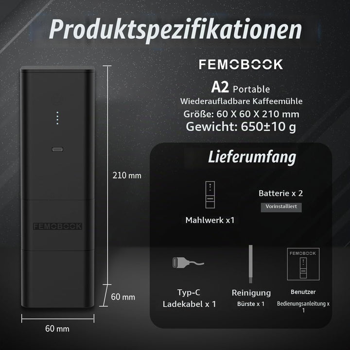 A2 Schwarze tragbare elektrische Kaffeemühle