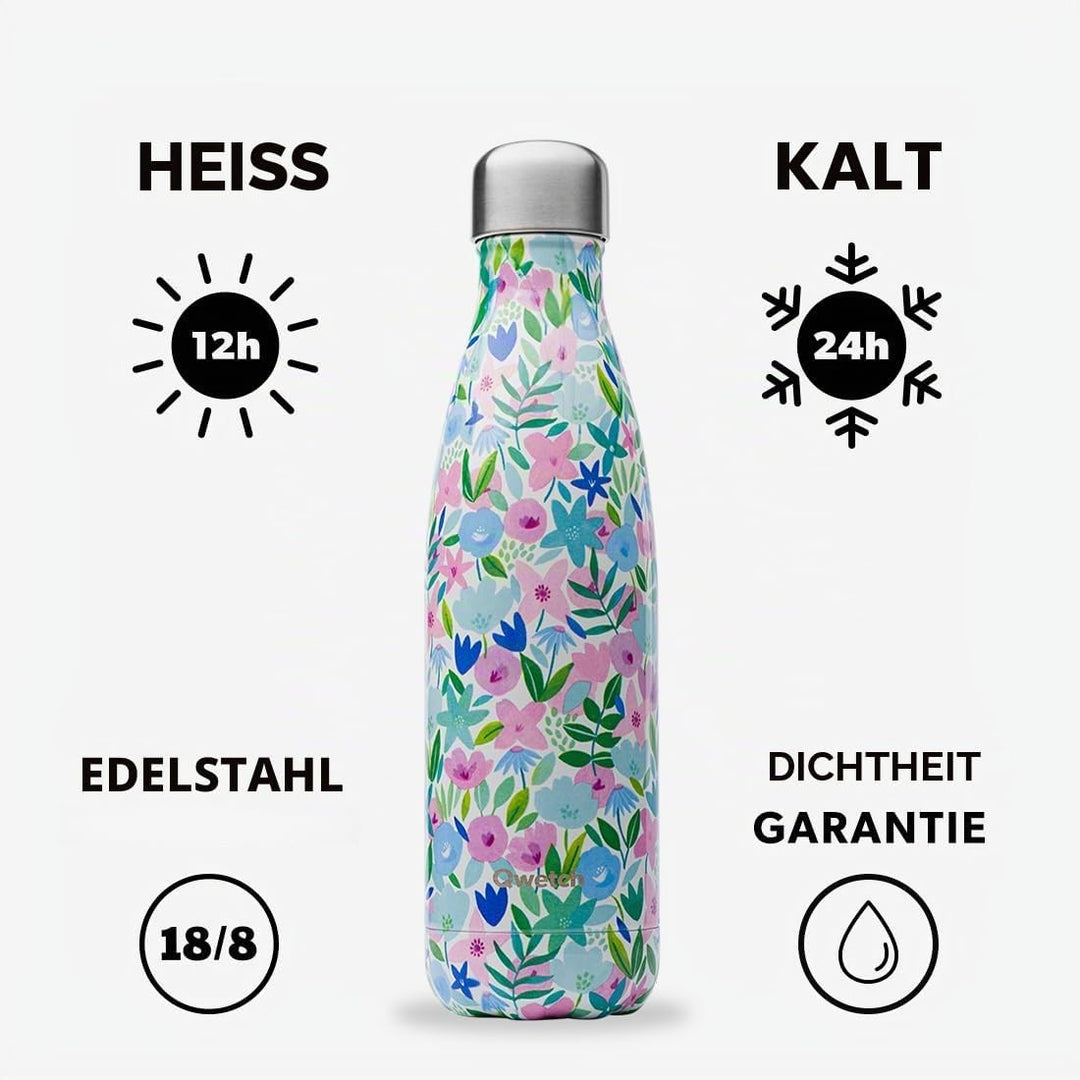 QWETCH - Isothermische Originals Flasche - Flora Blau 500ml - Nomadische Edelstahlflasche - 24h Kalt