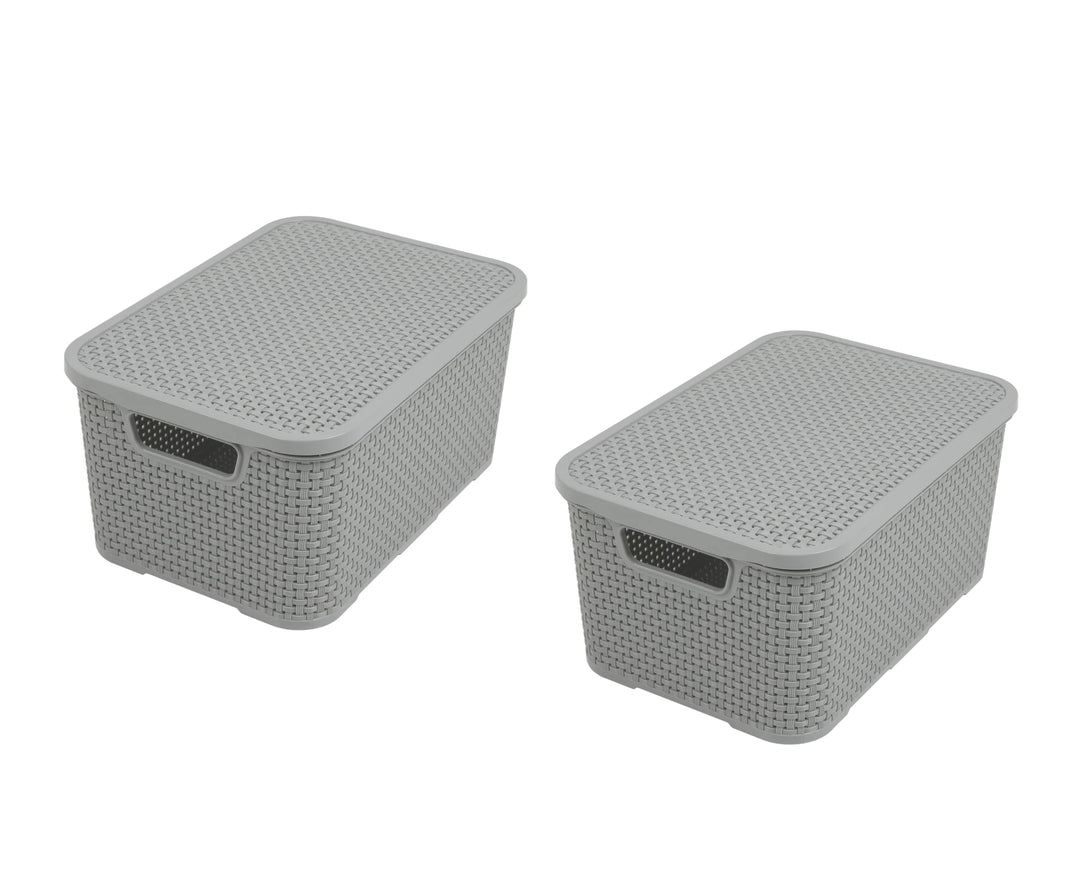 BranQ - Home essential Basket with Lid in Rattan Design Set of 2 Size M 10 L BPA-Free Plastic PP Lig
