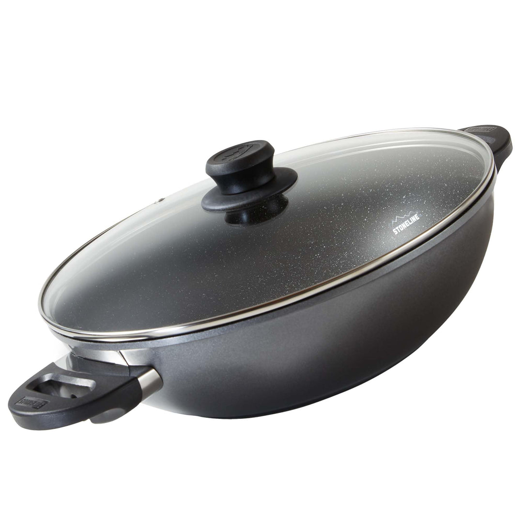 Stoneline Wok 32 cm, mit Deckel, Aluguss, Wok Pfanne beschichtet mit echten Steinpartikeln, grau, oh