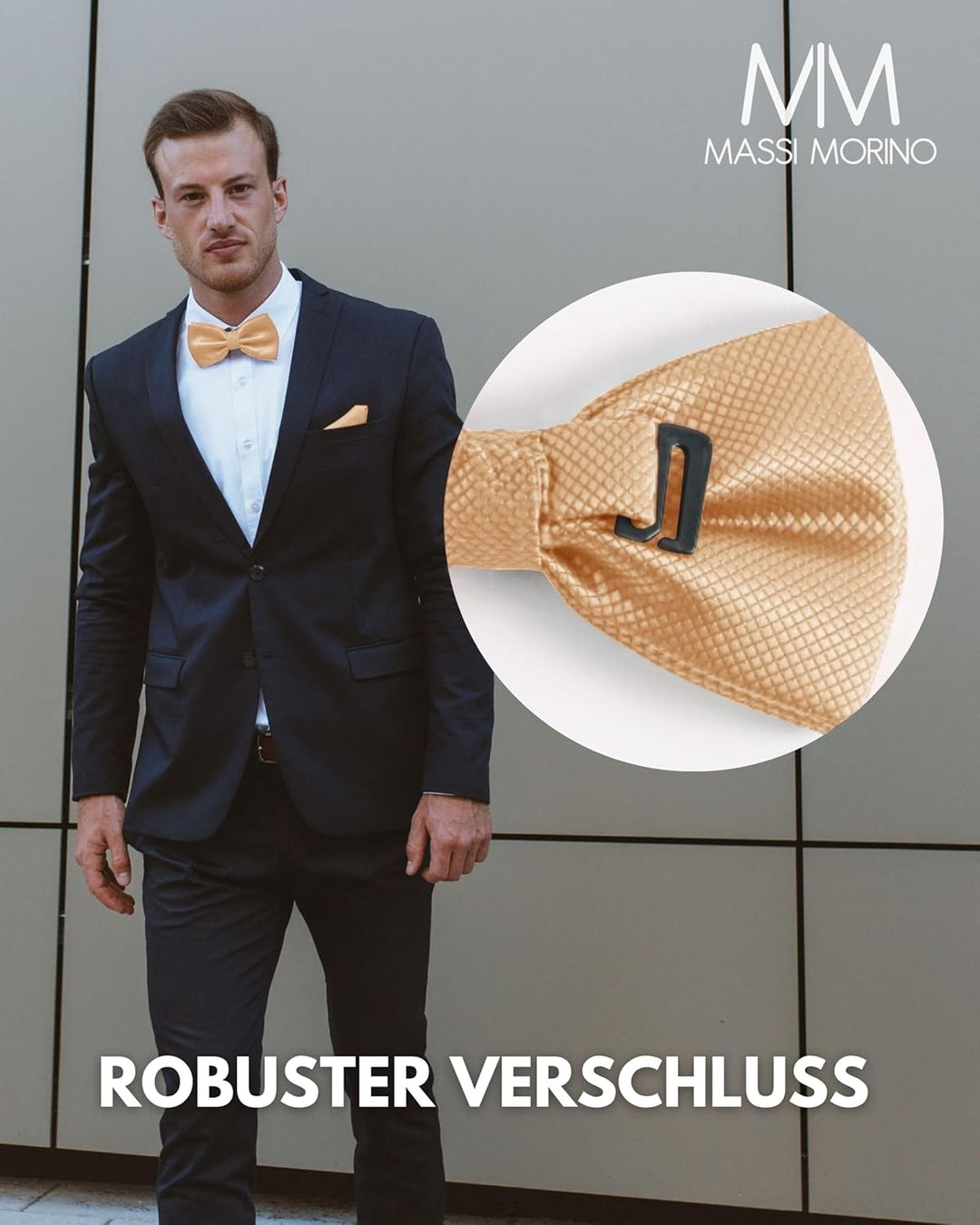 Massi Morino Fliege mit Einstecktuch für Herren Set - Anzug Herrenfliege zur Hochzeit - Verstellbare