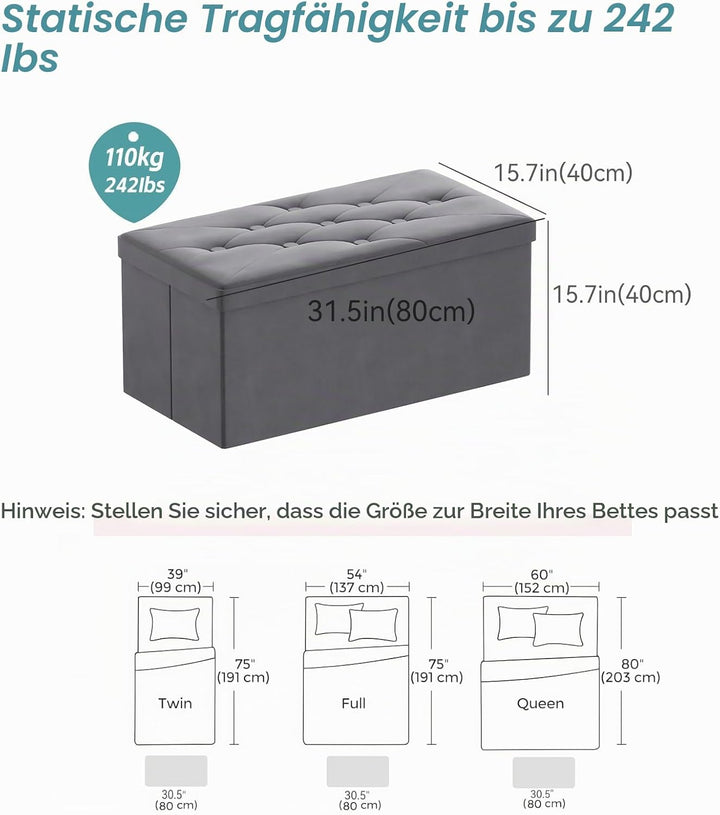 BRIAN &amp; DANY Sitzbank mit Stauraum, Faltbar Sitzhocker Truhen Aufbewahrungsbox aus Samt, 76 x 38 x 3