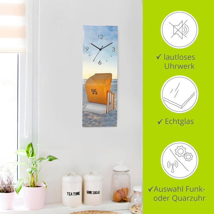 ARTLAND Wanduhr ohne Tickgeräusche Glas Funkuhr 20x60 cm Rechteckig Lautlos Strand Meer Ostsee Stran