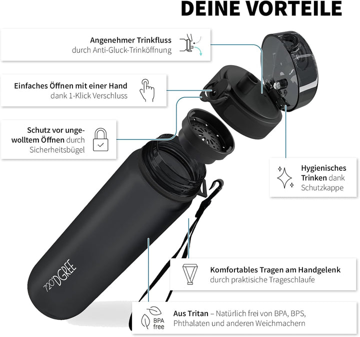 720°DGREE Trinkflasche 1l “uberBottle“ abnehmbare Schlaufe +Motivationsskala, Sieb - Auslaufsicher,