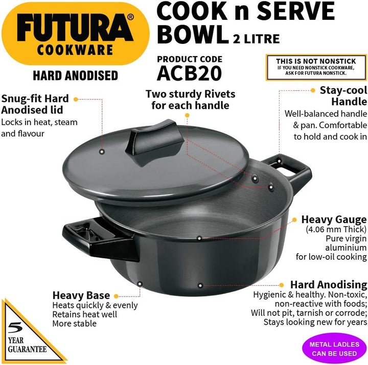 Hawkins/Futura L62 Koch- und Serviertopf harteloxiert, 2 Liter, grau, mittel Medium, Medium