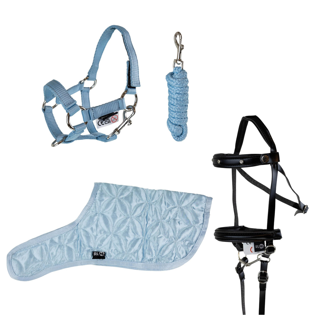 RL24 - Hobby Horse Zubehör Set (6-teilig) – Halfter mit Strick, Decke & Fliegenhaube in Hellbau – Tr