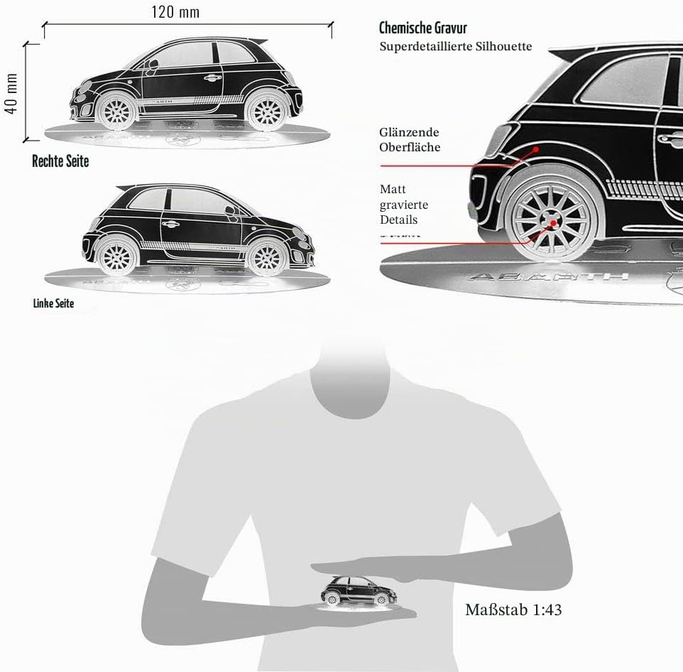 4R Quattroerre.it 11203 Modellauto Silhouette graviert Fiat 500 Abarth aus Edelstahl