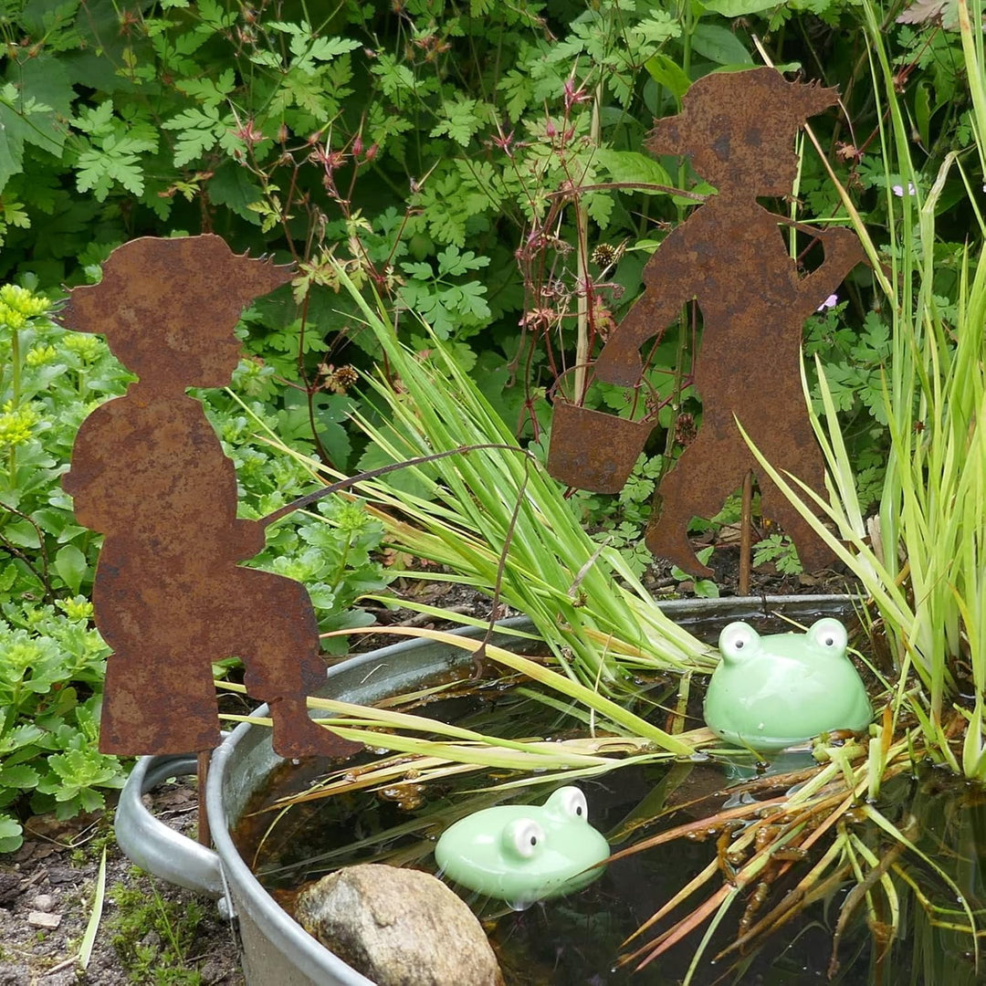 Storm's Gartenzaubereien Teichdeko 2 x Schwimmfrosch und 2 x Angler in Rostoptik zum Stecken