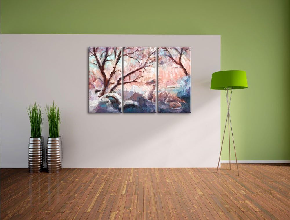 Pixxprint Drache im schneebedeckten Wald Kunst Pinsel Effekt 3-Teiler Leinwandbild 120x80 Bild auf L