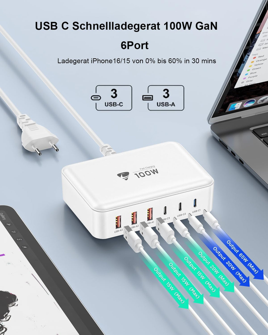 USB C Ladegerät, 100W 6-Port USB C Ladegerät Mehrfach Mit 3 USB-C und 3 USB-A, Schnellladegerät PD 3