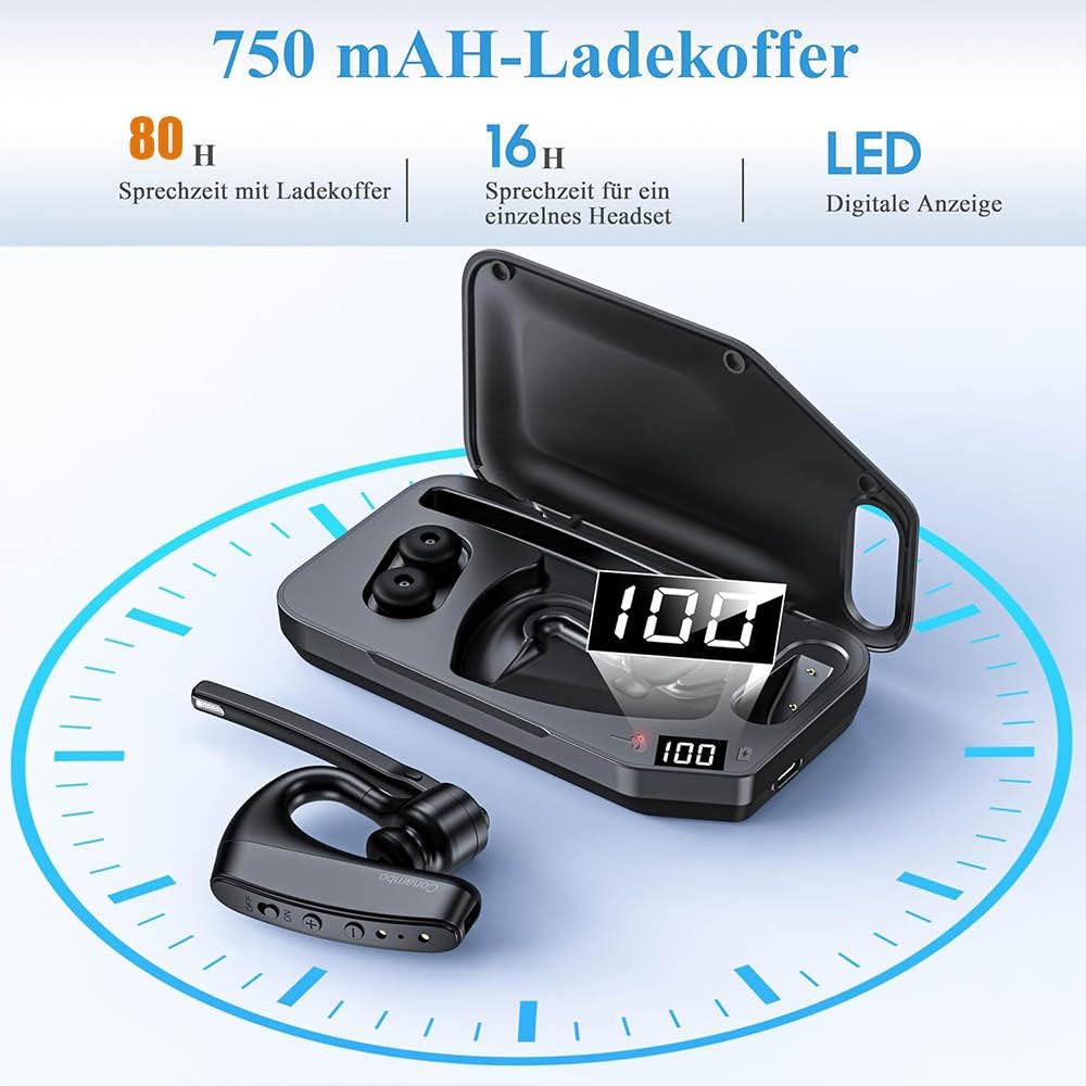 Conambo Bluetooth Headset V5.2, kabelloser Ohrhörer mit 750-mAh-Ladeetui, 64 Stunden Gesprächszeit,