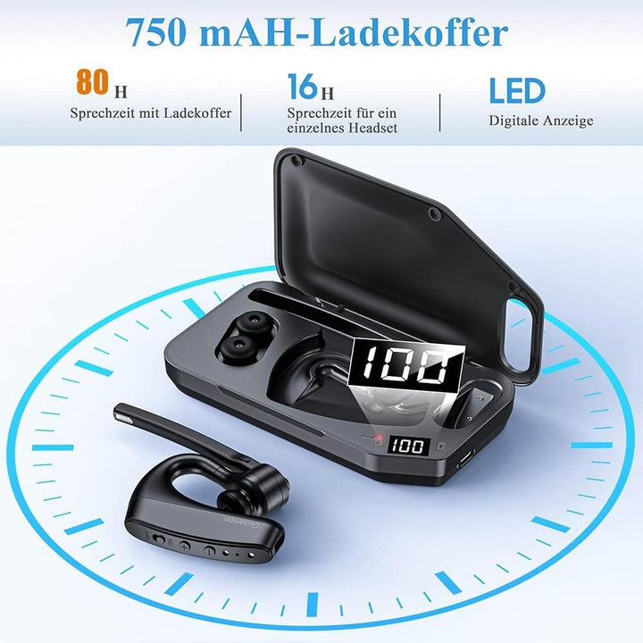 Conambo Bluetooth Headset V5.2, kabelloser Ohrhörer mit 750-mAh-Ladeetui, 64 Stunden Gesprächszeit,
