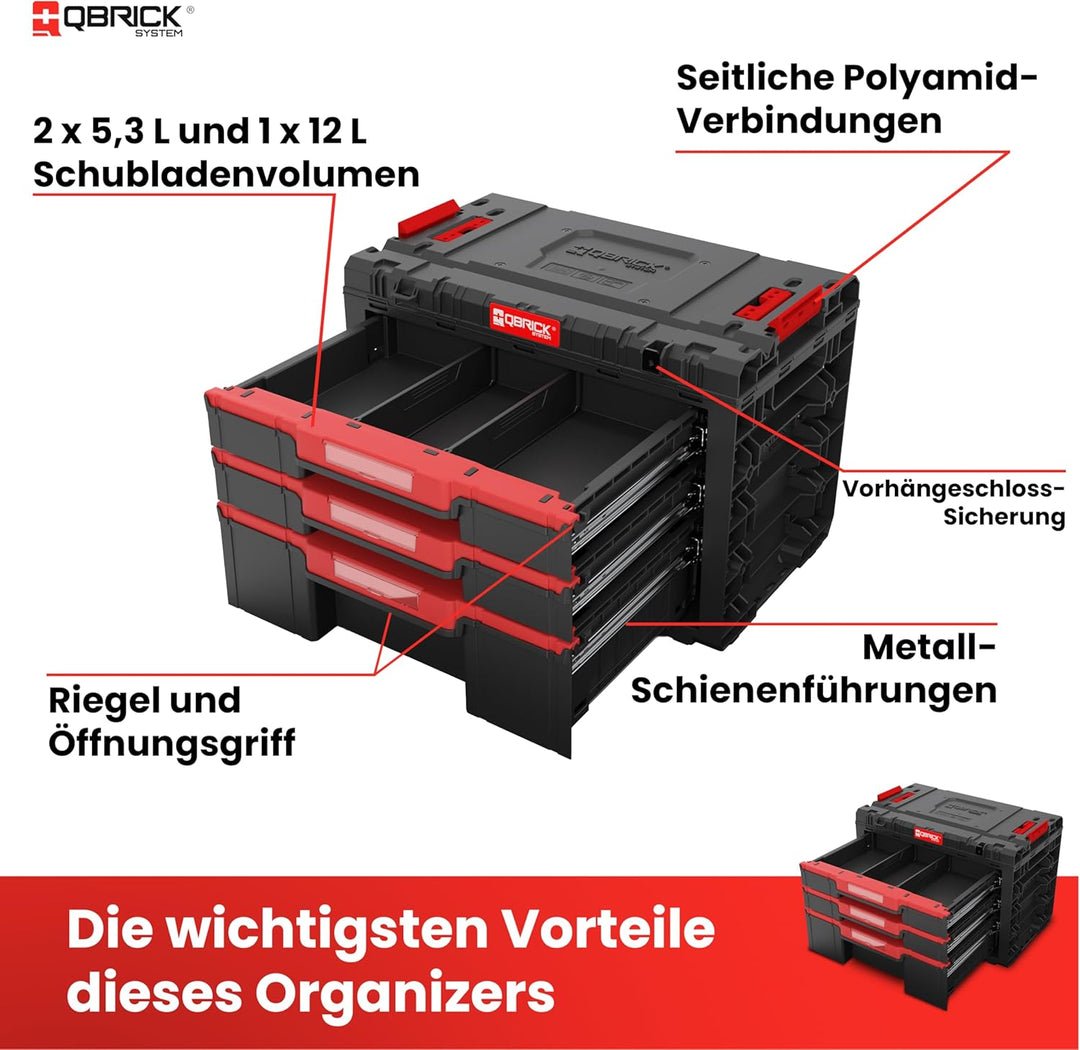 Qbrick System Werkzeugkoffer Sortierbox Leer - 3 Schubladen - Werkzeugkiste - 542 x 335 x 369 mm Sch